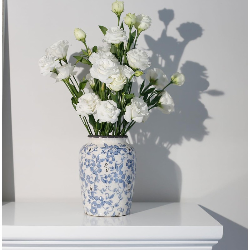 Light Blue White vase Flower Ceramic Porcelain Vintage Chinoiserie Floral