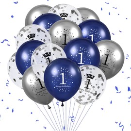 1st Birthday Balloons, 15 PCS Navy Blue Silver Happy 1st Birthday Balloons for Boys, Blue Silver 1st Birthday Party Decorations Balloons for Baby Showers Party