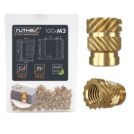 ruthex M3 Threaded Inserts - 100 Pieces RX-M3x5.7 Brass Heat Set Insert for Plastic Parts - Metric knurled Nuts - Insert by Heat into 3D Printing Components