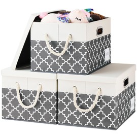 RVSNQ Large Storage Bins with Lids, Fabric Storage Bins with Cotton Rope Handle and Label, Foldable Storage Basket with Lid, Storage Boxes for Organizing Office, Shelf (3-Pack, Grey Quatrefoil)