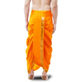 Spewim Men Poly Silk Ready to Wear Zari Work Dhoti For Men, Light Orange, 42