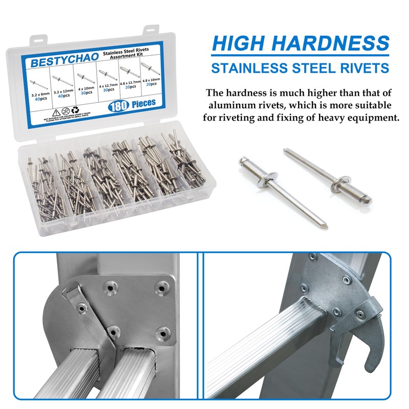 BESTYCHAO 180Pcs Blind Rivets Kit, Stainless Steel Pop Rivets 6