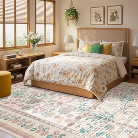 UERMEI 5x7 Area Rug Living Room Rugs - Washable Boho Vintage Floral Large Soft Non Slip Thin Rug Low Pile Carpet for Bedroom Dining Room Kids Playroom Office Decor Indoor- Pink