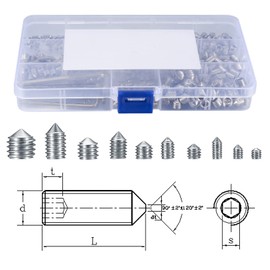 Set of 400 Grub Screws, Cone-Pointed Screws Set, Stainless Steel Allen Screws, Threaded Screws, M3 M4 M5 M6 M8 Threaded Sleeve