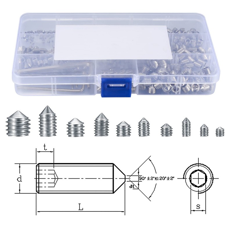 Set of 400 Grub Screws, Cone-Pointed Screws Set, Stainless Steel