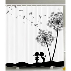 Ambesonne Retro Art Collection, Vintage Classic Thistles Dandelions Flowers Cute Lovers Artwork Prints, Polyester Fabric Bathroom Shower Curtain Set with Hooks, Black/White