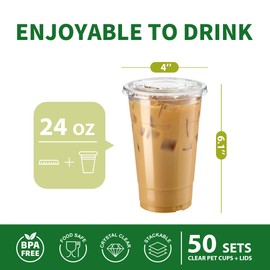 APSIC Clear Plastic Cups with Flat Lids, 50 Sets 24oz (100-Piece) Disposable PET Crystal Party Cups, Ideal for Iced Coffee, Smoothie, Milkshake, Juice, Dessert, To-Go Drinks and Cold Beverages