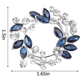 FENGJI Crystal Gold and Silver Plated Round Flowers Brooch Pin Wedding Scarf Brooch (Purple,Blue,White) Silver Blue