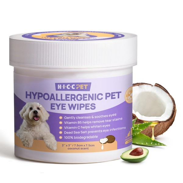 HICC PET Eyes Wipes for Dogs & Cats - Gently Remove Tear Stain, Eye Debris, Discharge, Mucus Secretions - Coconut Oil Pet Cleaning Grooming Deodorizing Wipes for Eyes, Wrinkle, Face - 100pcs