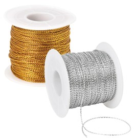 Metallic Cord 218 Yards 1mm Gold String Twine Metallic Tinsel Thin Ribbon Rope Silver Thread String for Crafts Bracelet Necklace Jewelry Making Gift Wrapping Christmas Ornaments Hanging Decor 2 Roll