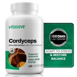 Vitasave Cordyceps Mushroom Capsules [120 Count] - 100% Pure - Ultra Strength 1000mg - Natural Energy and Endurance Support Supplement - Non-GMO, Gluten-Free, and Easy to Take Capsules for Immune Function, Athletes, and Busy Professionals | 60 day supply