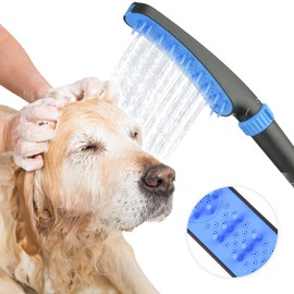 Pet Wand Shower Sprayer, Dog Shower Attachment, 1.8GPM Dog Shower & Bath Accessories with Faucet Head Hook Valve 9.8 Ft Steel Hose for Dogs Cats Bath Indoor Outdoor Blue & Grey