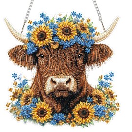 DOMROM Hanging Diamond Art Painting Kit Cow, Special Shaped Crystal Gem Craft Sunflower Diamond Painting Pendant Kit for Adults Beginners, DIY Hanging Diamond Art Ornament Kit for Home Garden Decor