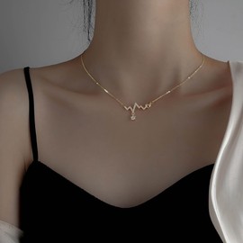 Iaceble Vintage Crystal Heartbeat Choker Necklace Gold ECG Heartbeat Necklace Heart Lifeline Pulse Pendent Necklace Cz ECG Necklaces Electrocardiogram Necklace Crystal Cardiogram Necklace Jewelry
