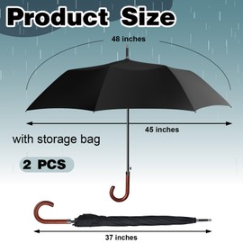 Silkfly 2 Pcs 48 Inch Auto Open Umbrella Wooden J Stick Handle Umbrella Windproof Unbreakable Fast Drying Rain Umbrella (Black)