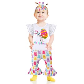 DAKEIK Toddler Girl Easter Outfit 5T-6T Girls Easter Outfit Happy easter Bunny Print White Ruffle T-Shirt Cute Bunny Print Bell Pants Cute Bunny Headpiece 3 Piece Easter Set