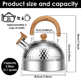 2L Stove Top Whistling Kettle, Stainless Steel Teakettle Teapot with Anti-Scald Handle, Even Heating Induction Kettle for Kitchens Gas Stove Induction Cooker(2L,Silver)