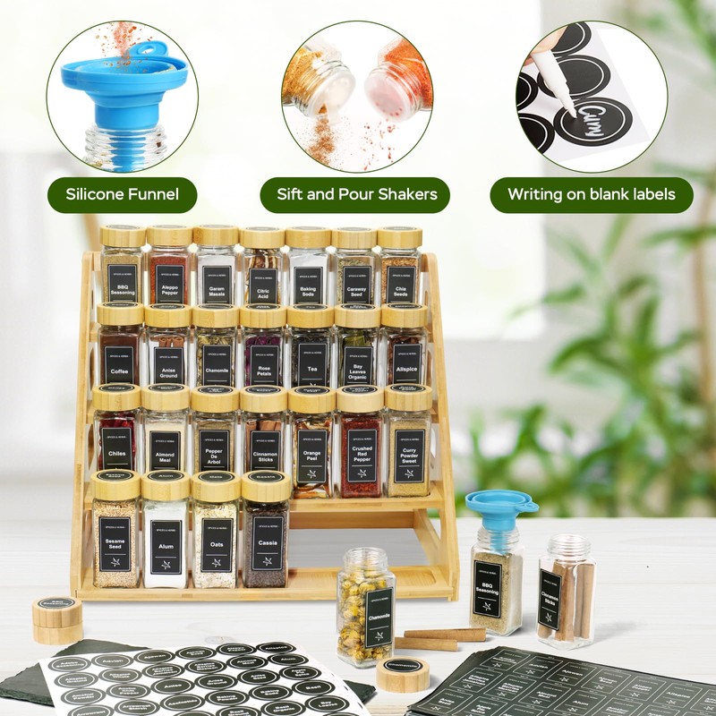 4 Tier Bamboo Spice Rack Organizer with 28 Spice Jars,
