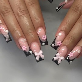 HOSAILY Pink Press on Nails Medium Long Square Fake Nails 3D Cute Bow Flower Charms Design Black French Glue on Full Cover False Nails with Acrylic Nails for Women Girls 24 Pcs#02