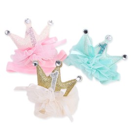 Diadema de corona de primer cumpleaños para bebé niña, elástica con purpurina rosa, diadema de corona de princesa, diadema de tul con lazo de corona, diadema para bebé, accesorio de fotos para tartas (diadema de bebé rosa)