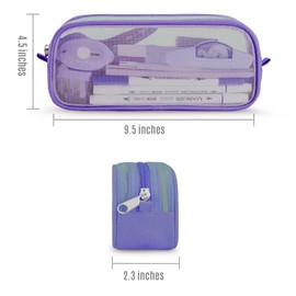 MESA Grid Mesh Pencil Case for Girls and Boys, Pen Holder with Zipper for Kids, Teens Portable Desk Organizer Pencil Pouch for School & Stationery Supplies (Purple)