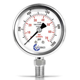 CARBO Instruments 2 1-2" Pressure Gauge, All Stainless Steel Wetted Parts, Case, Connection, Liquid Filled, 0-1000 psi/kPa, Lower Mount 1/4" NPT