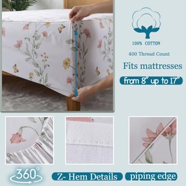 Zusbest Off White Floral Sheets King Size 100% Cotton Yellow Pink Vintage Flower Bed Sheet Set Green Leaves Butterfly Print French Country Percale Sheets Soft Deep Pocket Fitted Sheet 17.5'', 4 Pcs
