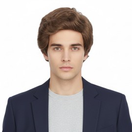 REEWES Men's Light Brown Short Curly Layered Wavy Natural Synthetic Full Wig for Men Daily Party Costumes Cosplay