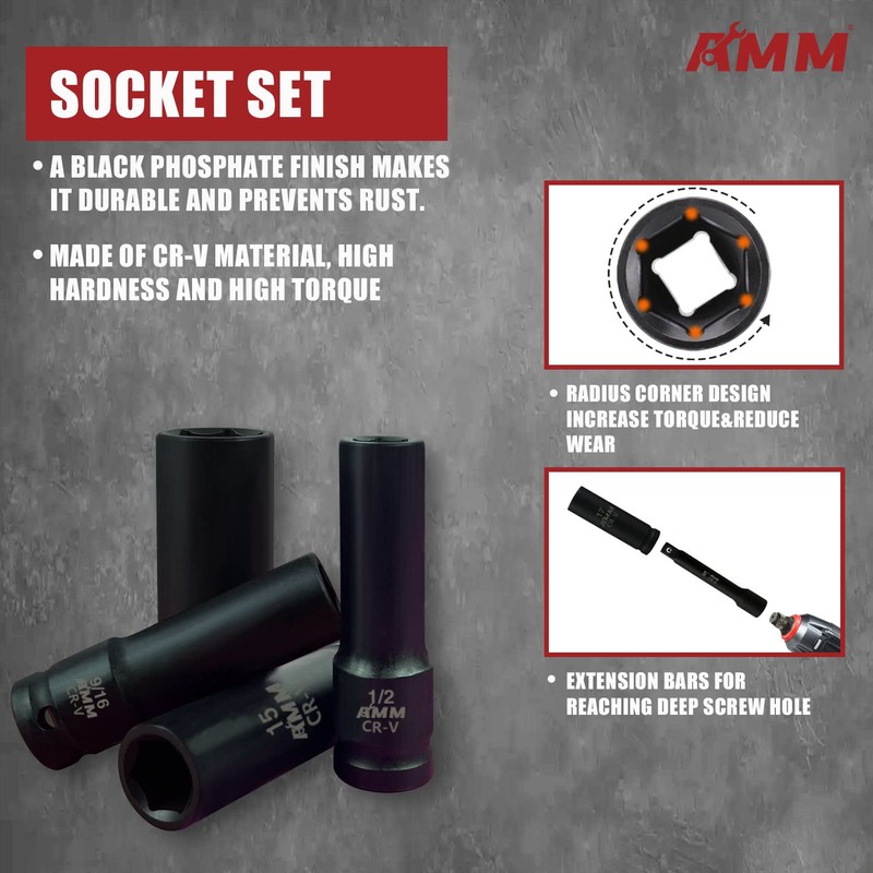 AMM 1/2" Drive Deep Impact Socket Set, 35-Piece Socket set