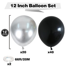 Black and Silver Balloons, 60pcs 12 Inch Metallic Silver and Black Balloons Latex Helium Party Balloons for Graduation Decorations Class of 2024 Birthday Anniversary Bachelorette Party Decorations