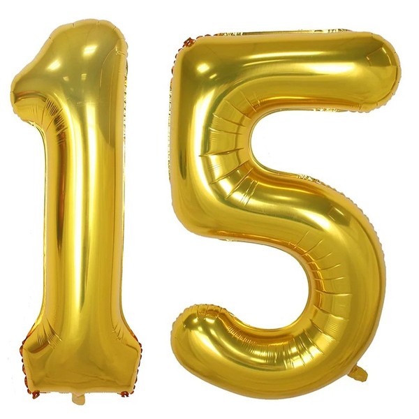 40inch Gold Foil 15 Helium Jumbo Digital Number Balloons, 15th Birthday Decoration for Girls or Boys, sweet 15 Birthday Party Supplies