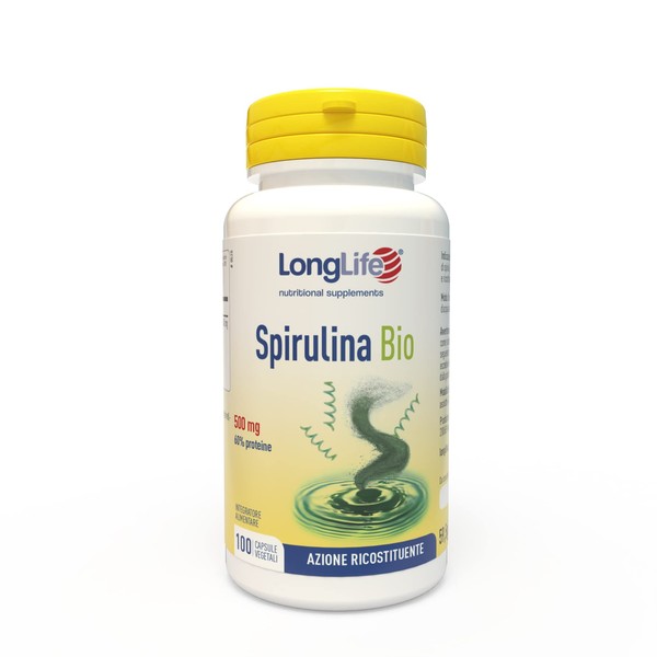 LongLife® Spirulina Bio | Alga spirulina titolata in proteine, ficocianina, clorofilla e carotenoidi | Biologica | Azione di sostegno e ricostituente | 100 capsule vegetali | Vegano e senza glutine