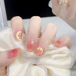 Press on Nails Square Medium Length, Artificial Acrylic Fake Nails with Fruit Oranges Pattern Designs, 24Pcs Full Cover Reusable Coffin False Nails Set, Women Glue on Nails Stick on Nails for Nail Art