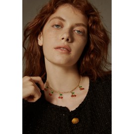 INNERDIVA Cute Cherry Charm Necklace Gold Plated Chain With 5pcs Red Cherry Short Choker Necklaces For Women