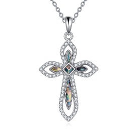 AINFQY Religious Cross Pendant Necklace 925 Sterling Silver Abalone Shell Cross Pendant Gifts for Women Jewelry