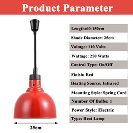 Hanging Food Heat Lamp Infrared Food Warmer Fry Heating Lamp 250W with Light Bulb (Dia25cm(Red))