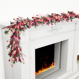 Lokeisna 2pcs Spring Paper Garland: 6ft Red, Orange & Pink All-Season Garlands with Paper & Fabric Flowers, EVA Leaves, Flower Spikes for Front Door, Living Room, Wedding