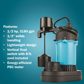 Little Giant BSP50V 1/2 HP, 115 Volt, 3180 GPH Automatic Submersible Epoxy Coated Cast Aluminum Sump Pump with Piggy-back Vertical Switch and 8-Ft. Cord, Blue, 511251