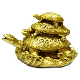 Home Genie Triple Tortoise Family Feng Shui Statue for Prosperity, Longevity & Harmony - Resin Tortoise Figurine for Home, Office, and Gift (Golden Finish)