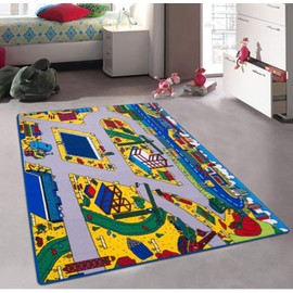 Kids/Baby Room/Daycare/Classroom/Playroom Construction Zone Work Site with Train Tracks Area Rug Carpet Toy Trucks for Toddlers, Kids (5 Feet X 7 Feet)