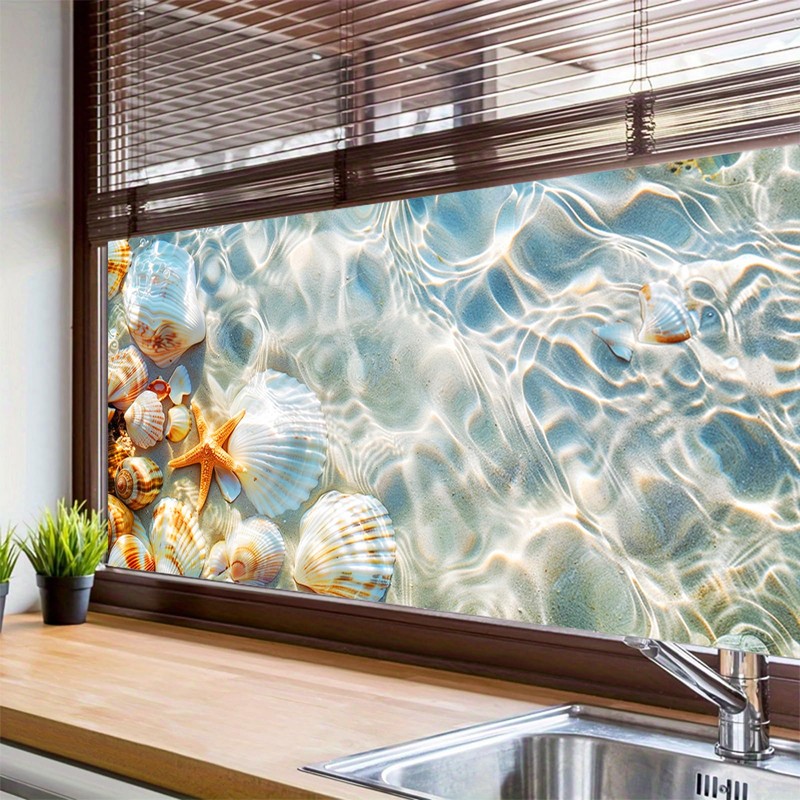HOMETITUTE Seaside Shell Starfish Scene Window Cling 39.3x17.7 Inch PVC