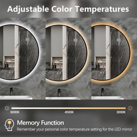 Niccy 28" Round LED Bathroom Backlit Mirror With Lights, Black Frame Lighted Vanity for Wall, Circle With Anti-Fog, Light Up 3 Color ShatterProof