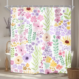 Riyidecor Riyidecor Cute Floral Colorful Shower Curtain for Bathroom Decor 72Wx78H Extra Long Boho Spring Wildflower Watercolor Funky Trendy Plant Art Printed Fabric Polyester Waterproof 12 Pack Plastic Hooks