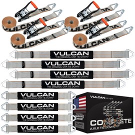 VULCAN Complete Axle Strap Tie Down Kit with Wire J-Hook Ratchet Straps - Silver Series Webbing - Includes (4) 22 and (4) 36 Inch Axle Tie Downs, and (4) 8' Wire Hook Straps