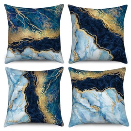 Hnmdmyi Marble Cushion Cover, 40 x 40 cm, Set of 4, Navy Blue and Gold Abstract Marble Texture Decorative Cushion Covers, Modern Luxury Art Linen Cushion Cover for Sofa, Couch, Bed, Garden, Outdoor, Home Decor