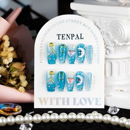 TENPAL Handmade Press on Nails Medium Ocean Blue Ice Transparent 3D Moon Star Charms Fake Nails With Glue 10pcs/Box Glitter Ombre Blue Mermaid False Nails Press ons For Spring Summer(M)