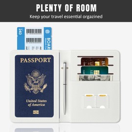 Rimilak Passport Holder, RFID Blocking Passport Cover Wallet Travel Essentials, Leather Travel Documents Organizer Protector for Women and Men, White Leaves