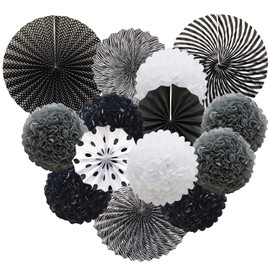 Gute Tissue Paper Pompoms Set Hanging Paper Fans Paper Flowers Ball, Fan Decoration, Festival, Party Decoration (Black and White Theme)