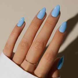KQueenest Soft Gel Press on Nails Kurz – Sheer Baby Blau Nägel zum Aufkleben Kurz Mandel, Einfarbig Pastell Blau Fake Nails mit Kleber, Glänzend Natürlich Künstliche Nägel Set für Frauen, 30 Stück