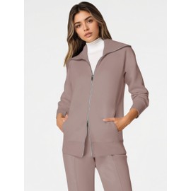 COCOMARTS Womens Crewneck Sweatshirts Zip Up Hoodies Casual Jacket with Pockets 2025 Fall Winter Fahsion Outfits Clothes Light Coffee Small